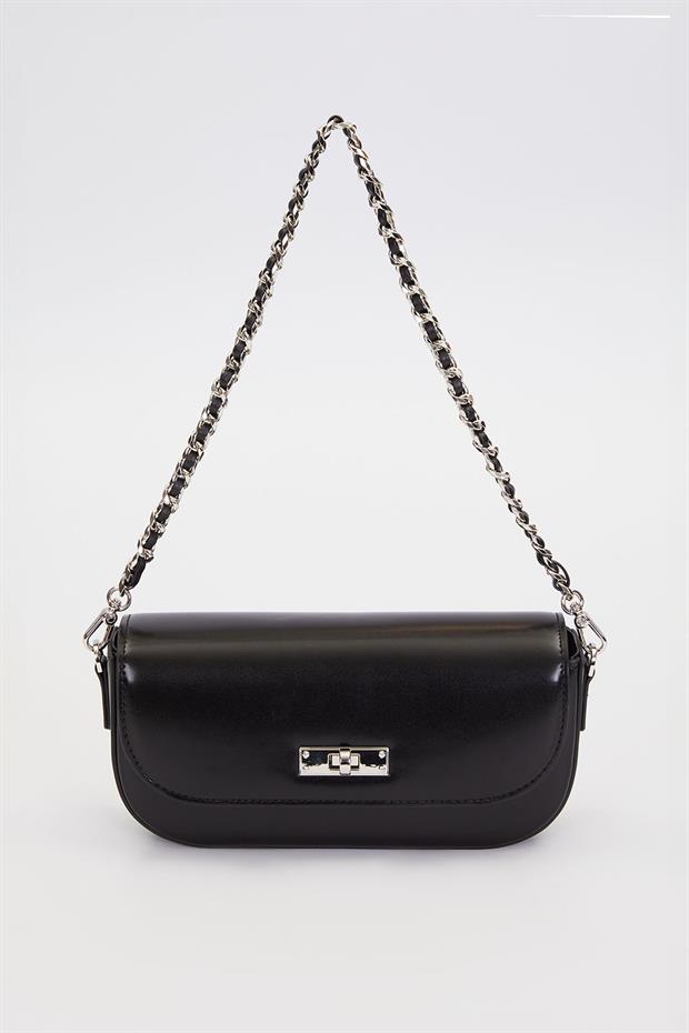 Siyah Silver Kilit Detaylı Omuz Çantası