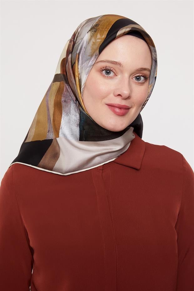 Siyah Soyut Desen Twill İpek Eşarp