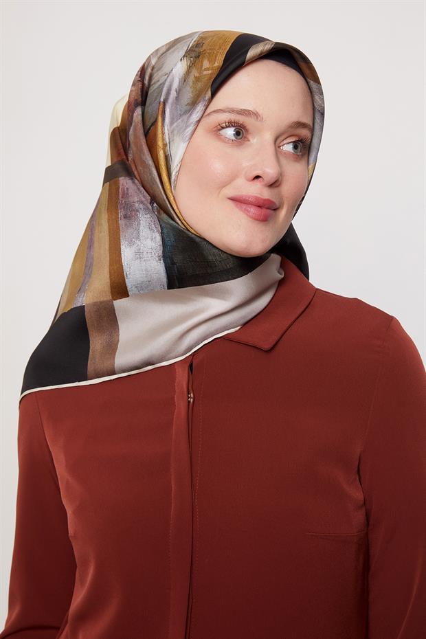 Siyah Soyut Desen Twill İpek Eşarp