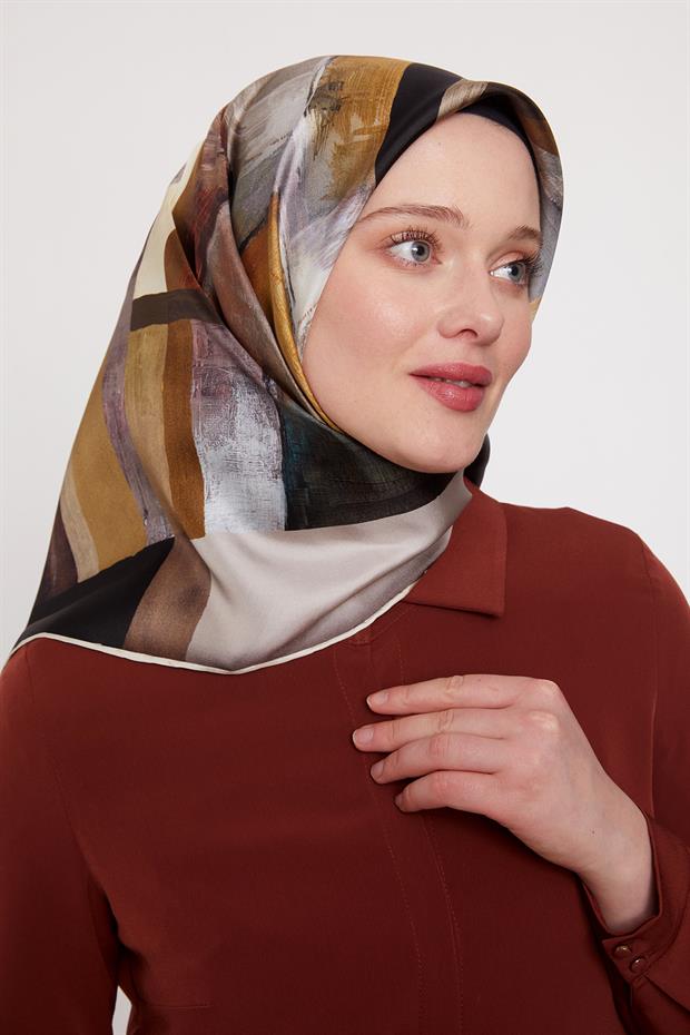 Siyah Soyut Desen Twill İpek Eşarp