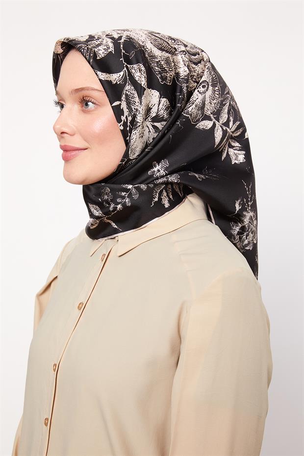 Siyah Soyut Gül Desen Twill İpek Eşarp