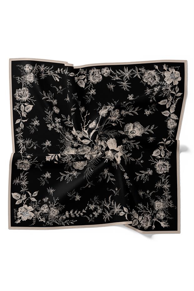 Siyah Soyut Gül Desen Twill İpek Eşarp