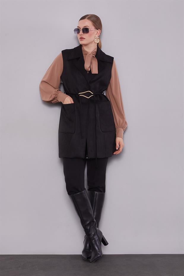 Siyah Süet Kemer Detaylı Yelek