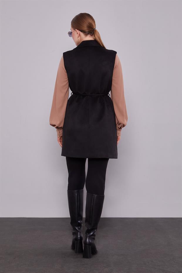 Siyah Süet Kemer Detaylı Yelek