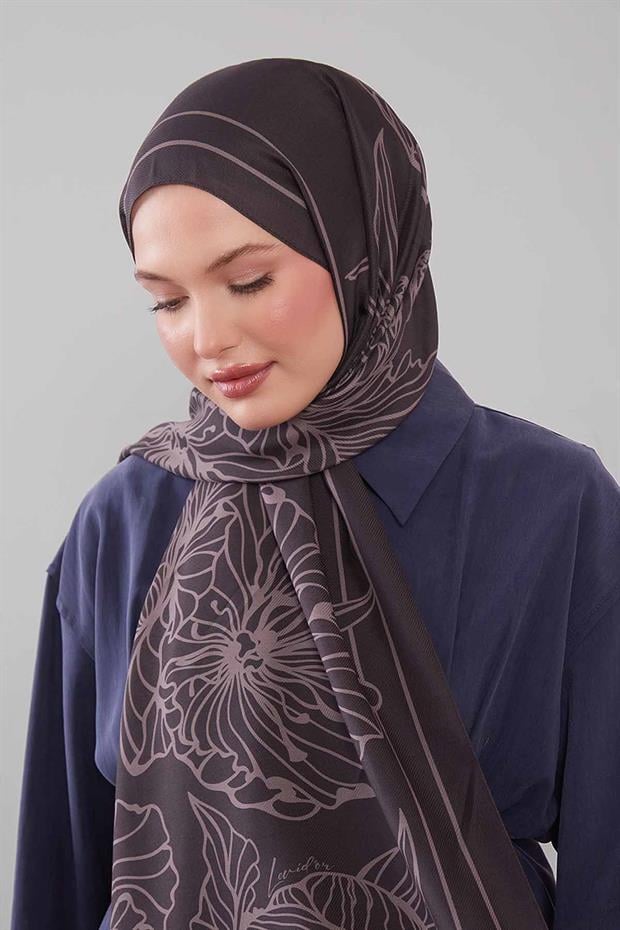 Siyah Sümbül Çiçek Desen Yün İpek Şal