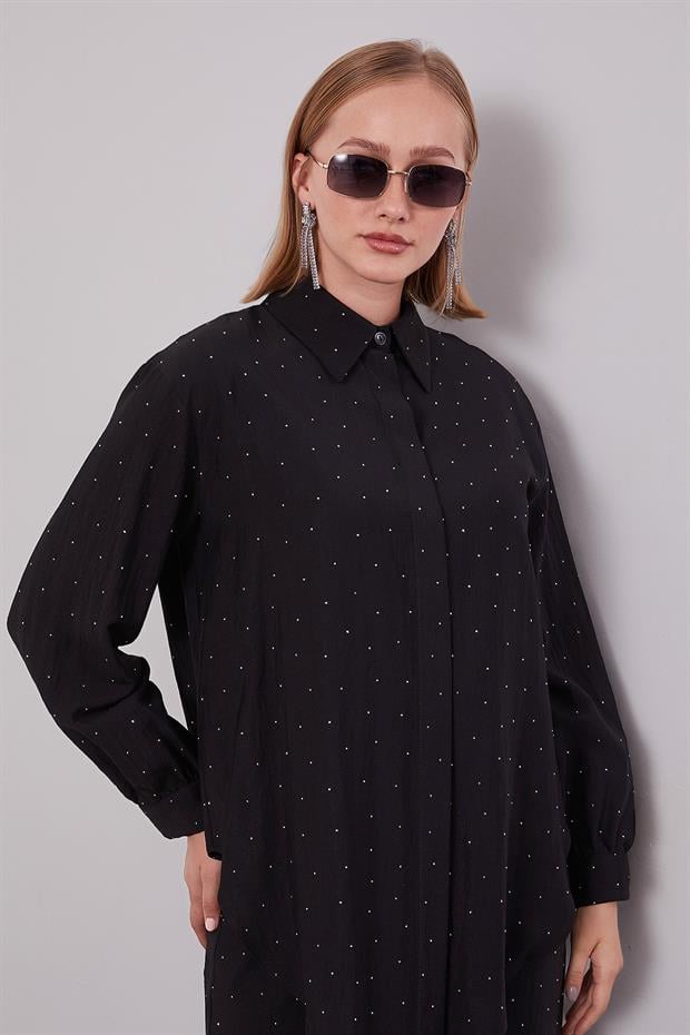 Siyah Taş Baskılı Düğme Detaylı İkili Takım