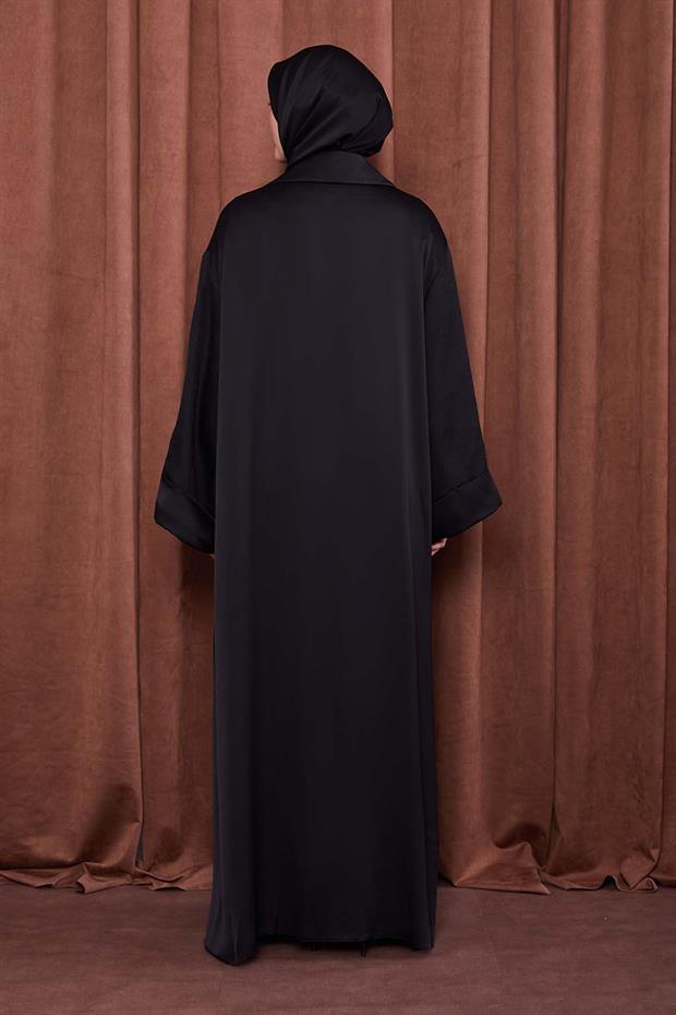 Siyah Taş Broş Detaylı Saten Ferace