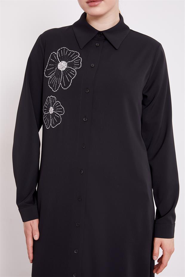 Siyah Taş Çiçek Desen Baskılı Tunik