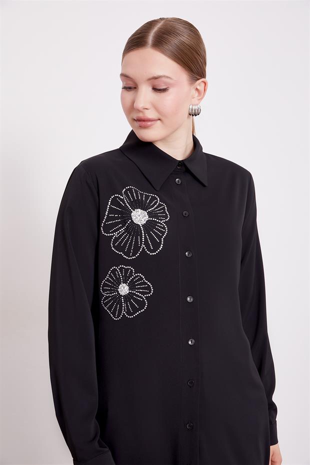 Siyah Taş Çiçek Desen Baskılı Tunik