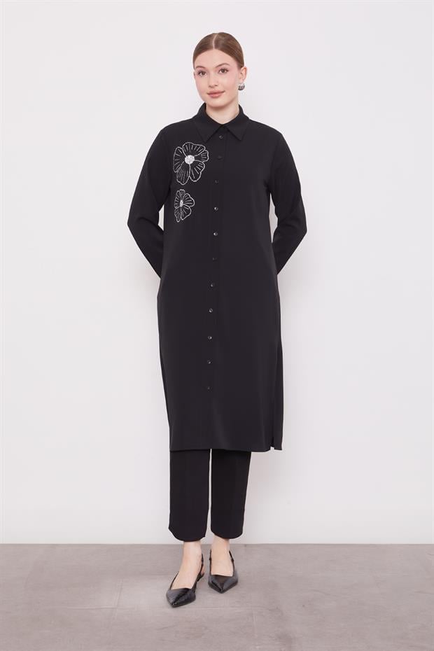 Siyah Taş Çiçek Desen Baskılı Tunik