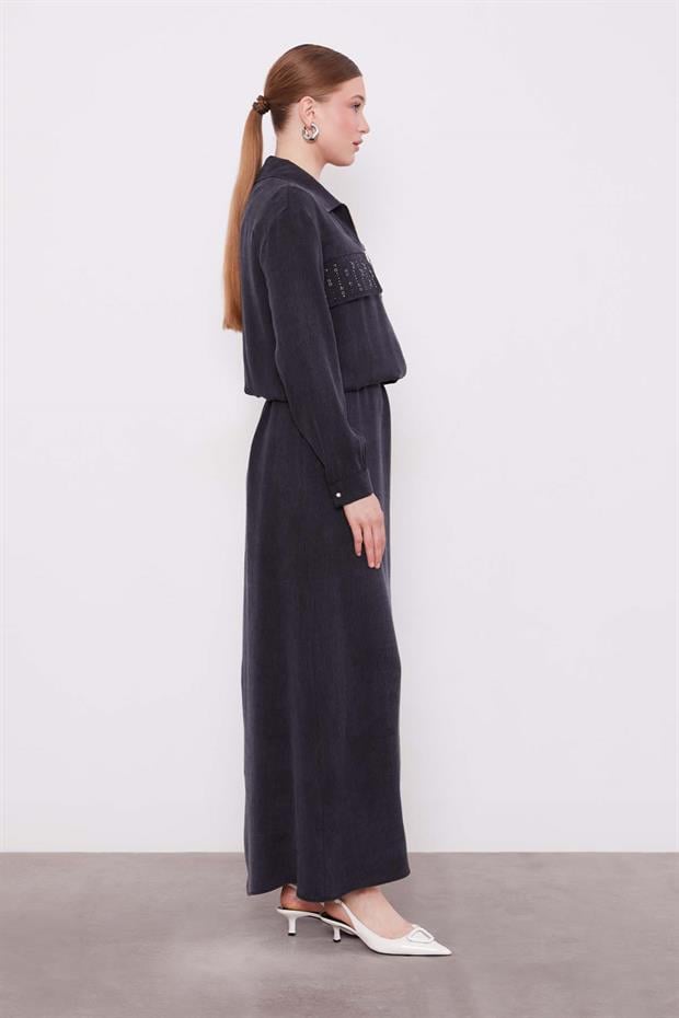 Siyah Taş Detaylı Fermuarlı Ceket Takım