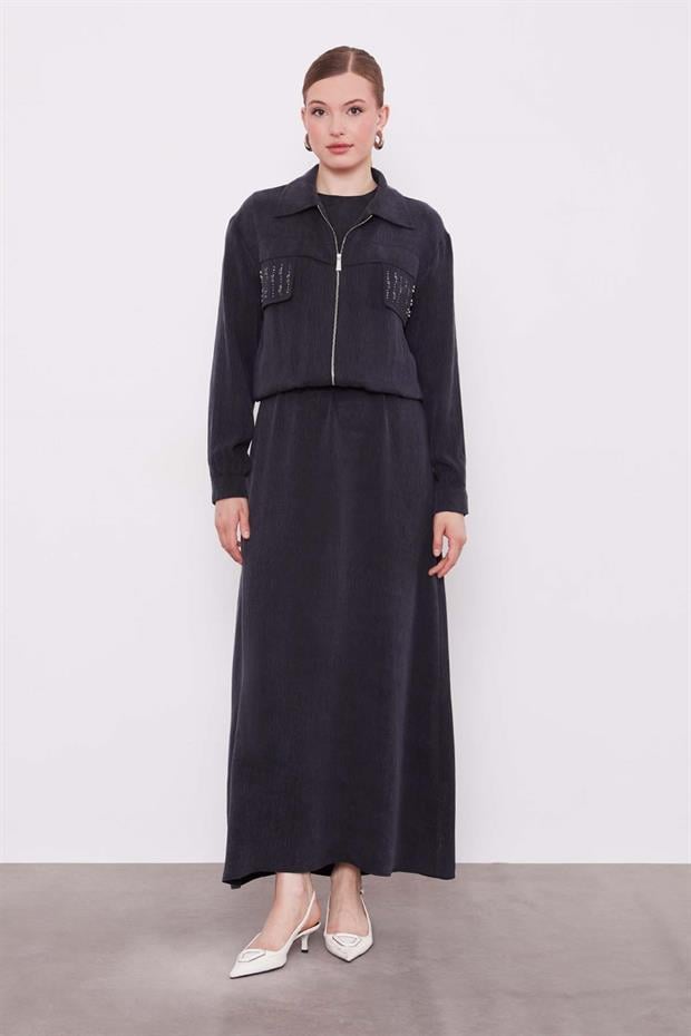 Siyah Taş Detaylı Fermuarlı Ceket Takım