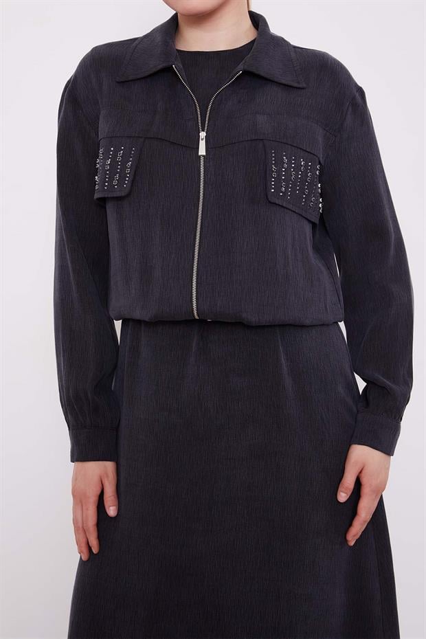Siyah Taş Detaylı Fermuarlı Ceket Takım