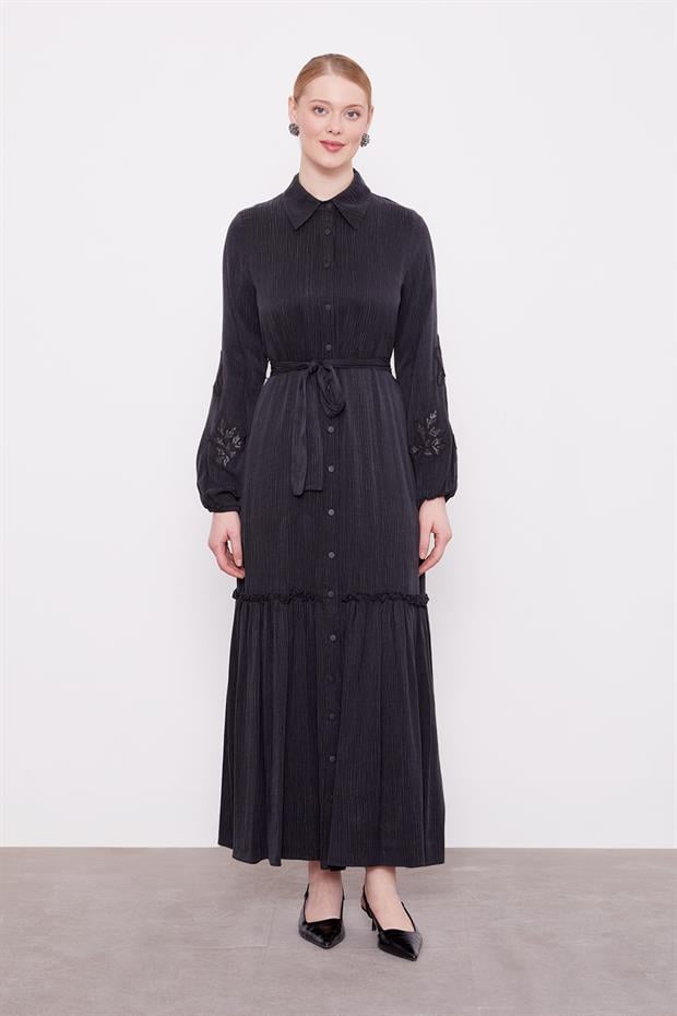 Siyah Taş İşleme Detaylı Cupra Elbise