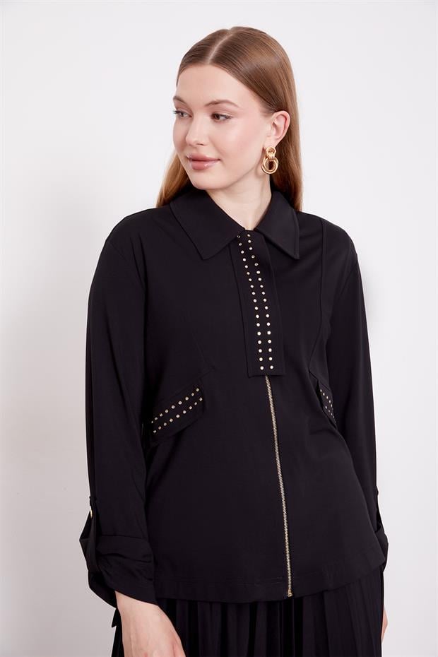 Siyah Taş Yaka Detay Piliseli Etek Takım