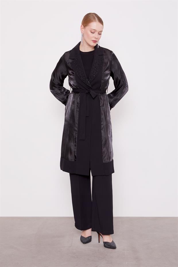 Siyah Taşlı Saten Ceket Üçlü Takım