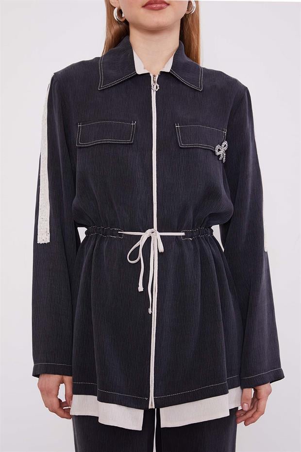 Siyah Taşlı Şerit Detaylı İkili Takım