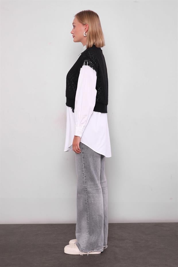 Siyah Triko Yelekli Gömlek İkili Takım