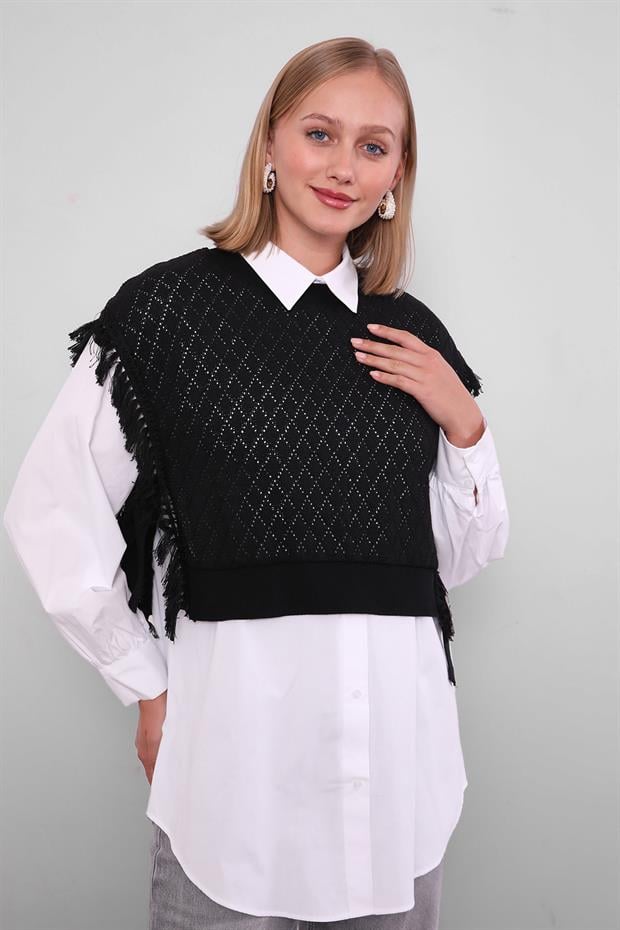 Siyah Triko Yelekli Gömlek İkili Takım