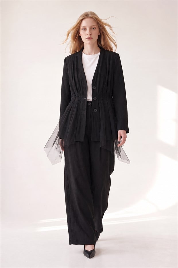 Tül Detaylı Blazer Ceket Siyah