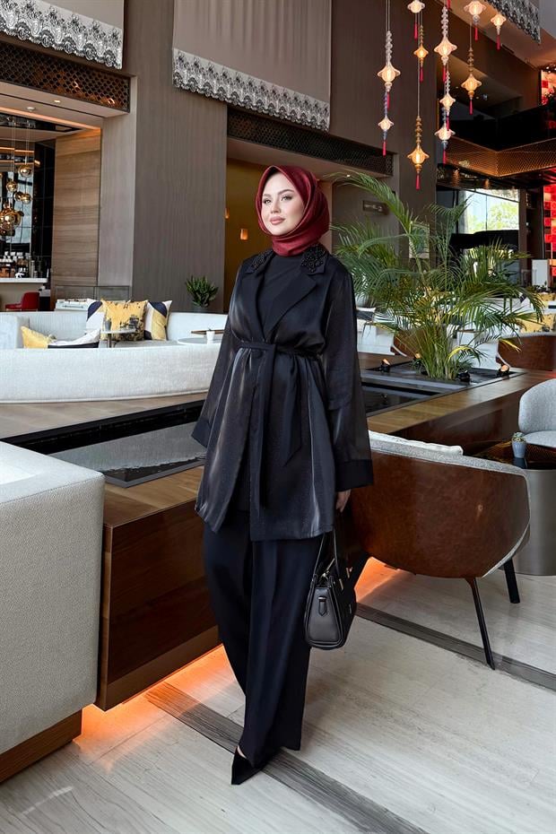 Siyah Üçlü Simli Görünüm Ceket Takım