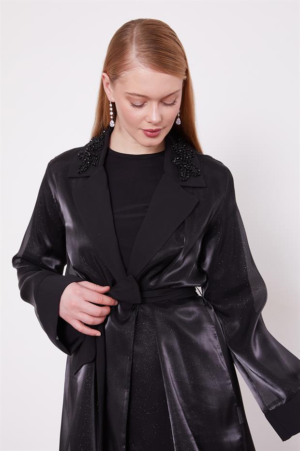 Siyah Üçlü Simli Görünüm Ceket Takım