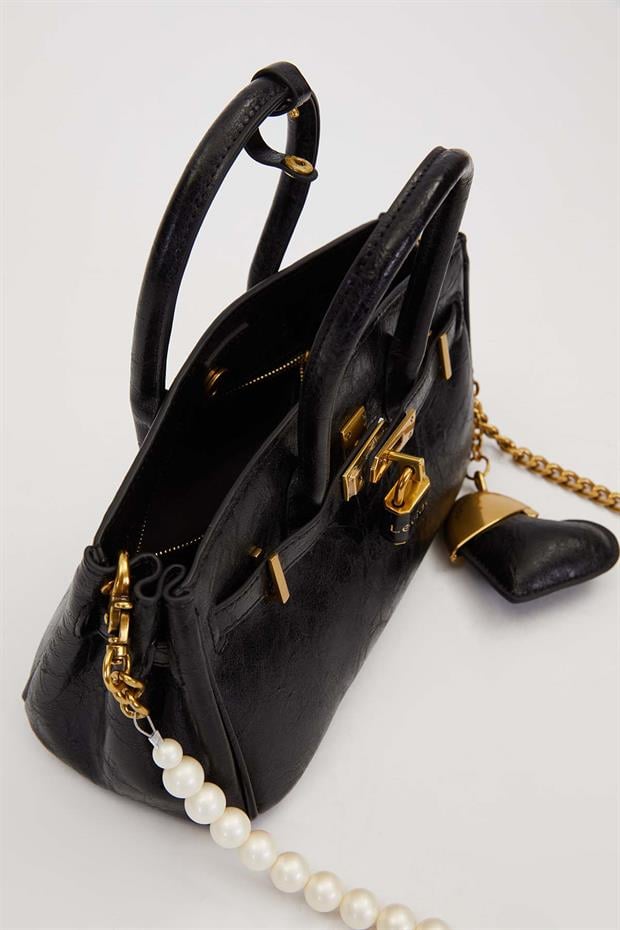 Siyah Uzun İnci Askılı Omuz Çantası