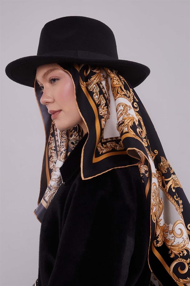 Siyah Varak Desen Twill İpek Eşarp