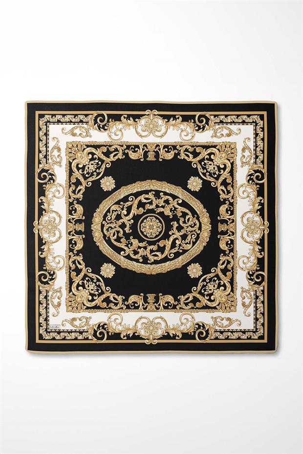 Siyah Varak Desen Twill İpek Eşarp