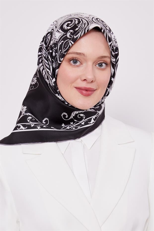 Siyah Varak Desenli Twill İpek Eşarp