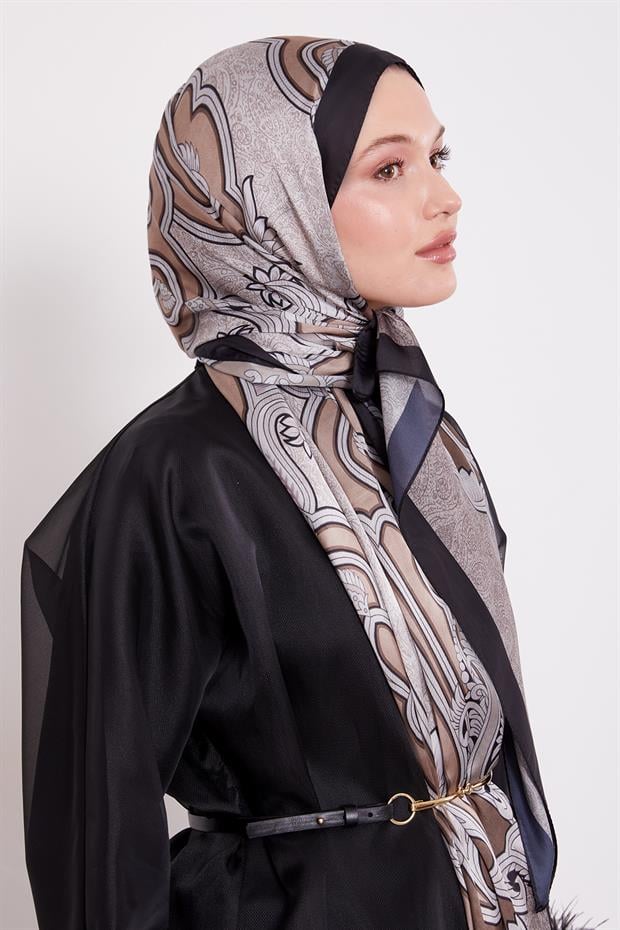 Siyah - Vizon Baroklu Hint İpeği Şal