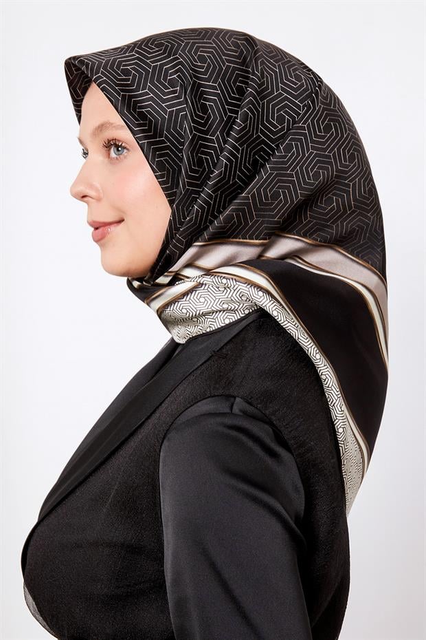 Siyah - Vizon Daire Desen Twill Ipek Eşarp