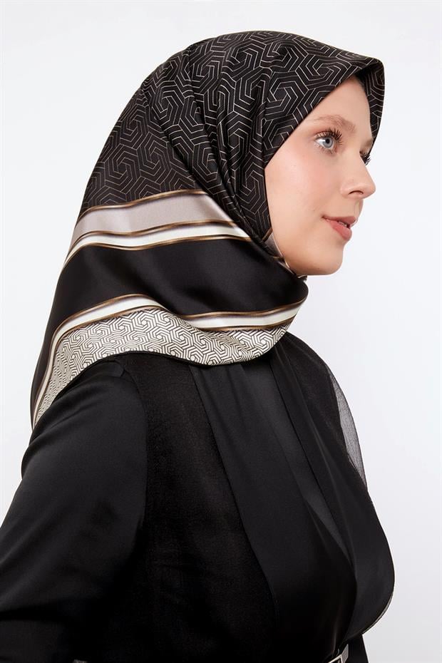 Siyah - Vizon Daire Desen Twill Ipek Eşarp