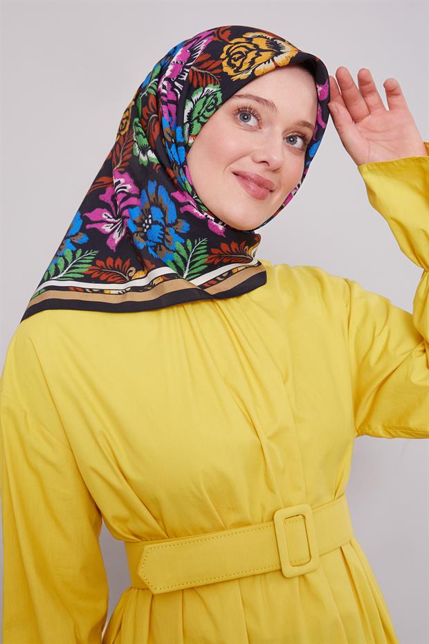 Siyah - Vizon Gül Desen Aura Eşarp