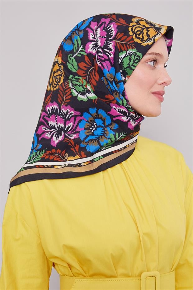 Siyah - Vizon Gül Desen Aura Eşarp