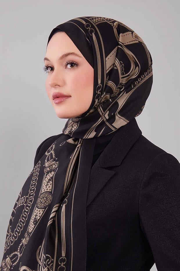 Siyah - Vizon Karışık Desenli Yün İpek Şal