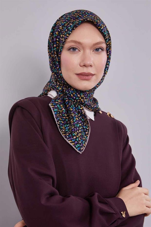 Siyah - Vizon Mini Yazı Detay Twill İpek Eşarp