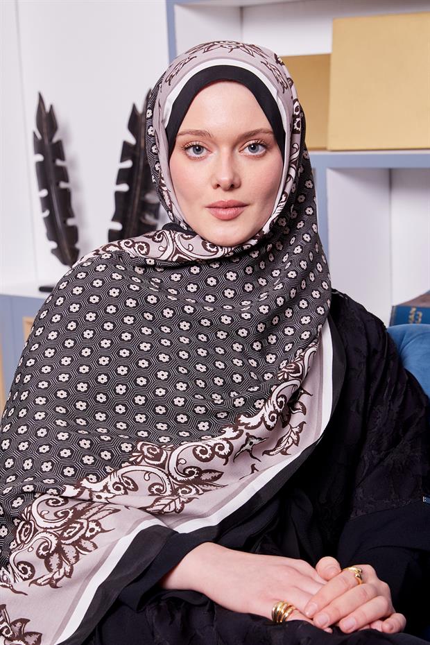 Siyah - Vizon Papatya Desen Royal Şal