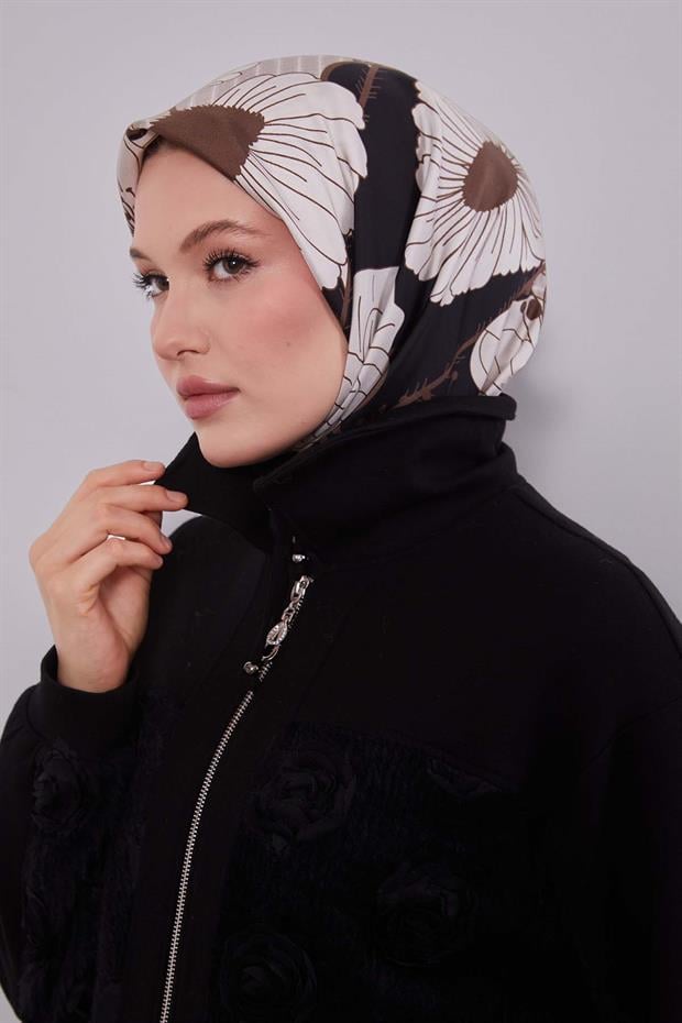Siyah - Vizon Zambak Çiçek Desen Twill İpek Eşarp