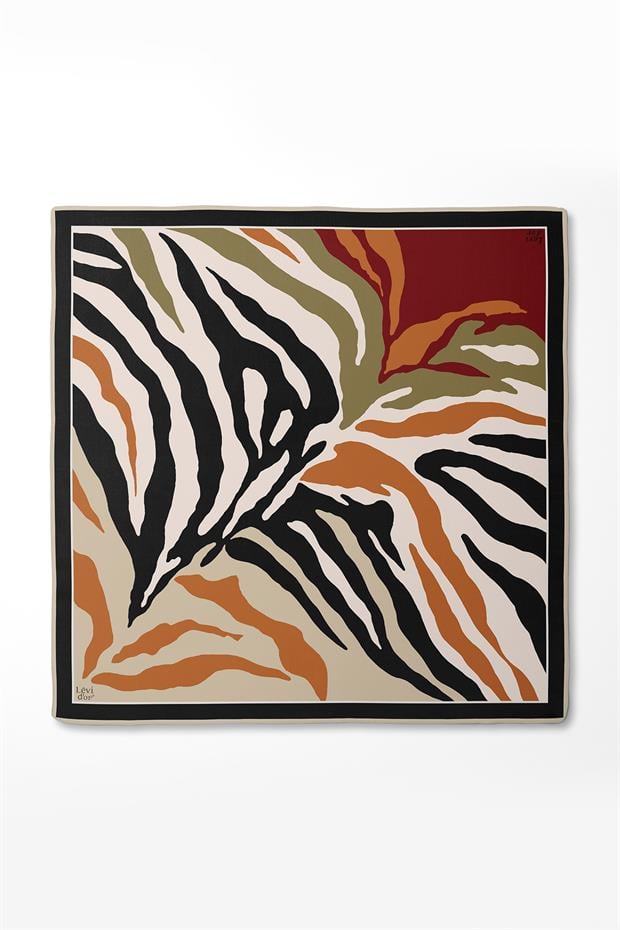 Siyah-Vizon Zebra Desen Twill İpek Eşarp