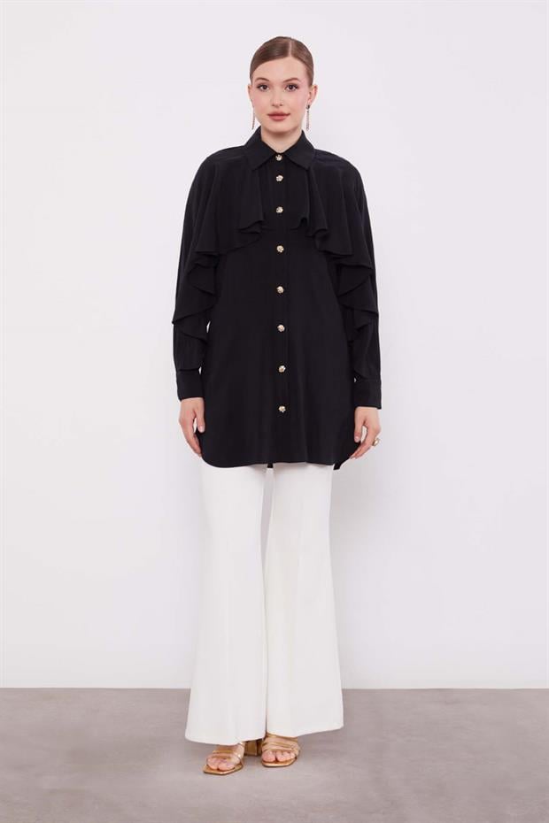 Siyah Volan Detay Düğmeli Gömlek