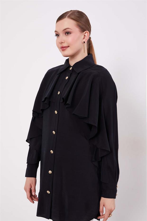 Siyah Volan Detay Düğmeli Gömlek