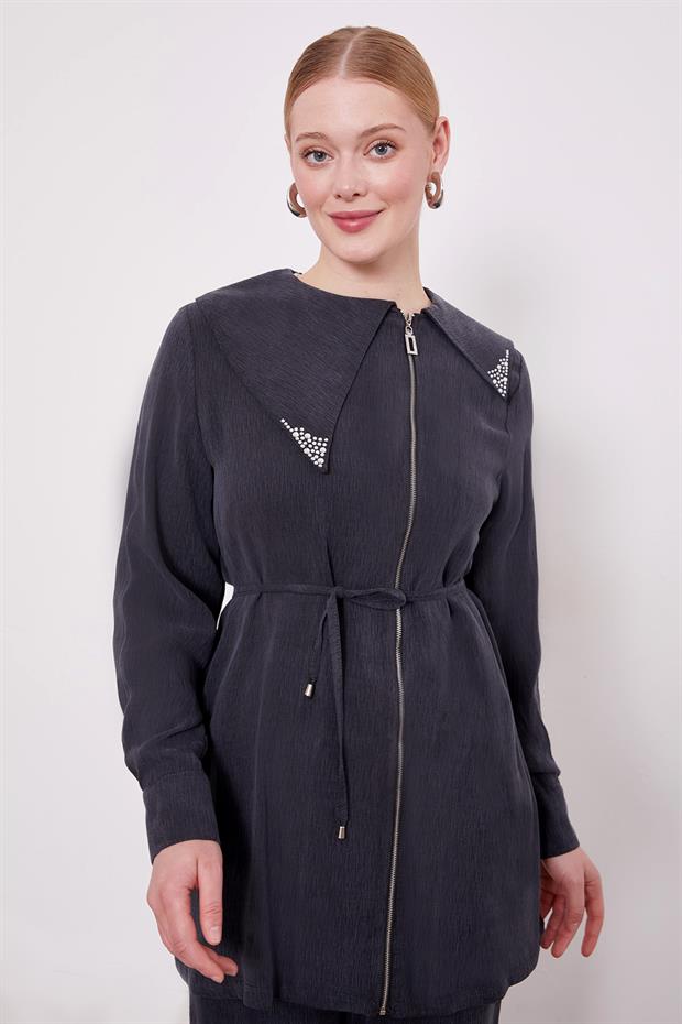 Siyah Yakası Taşlı Cupra İkili Takım