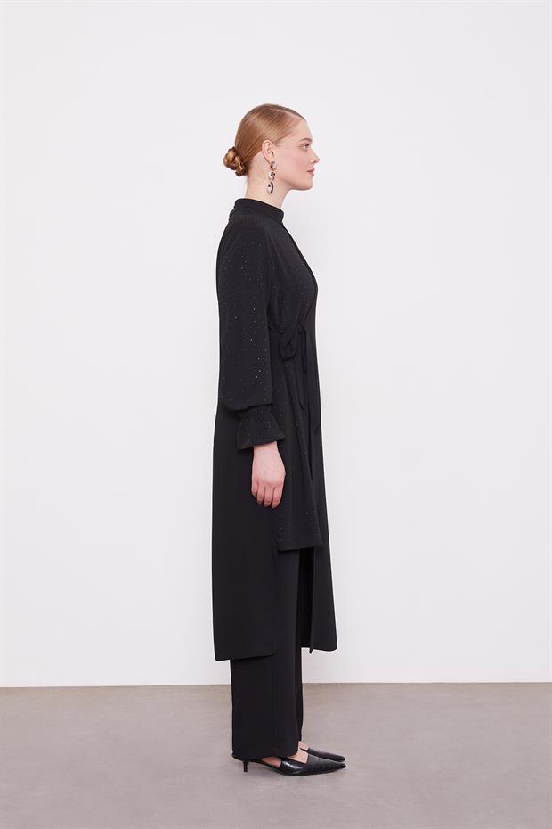 Siyah Yandan Bağlamalı Taş Detaylı İkili Takım