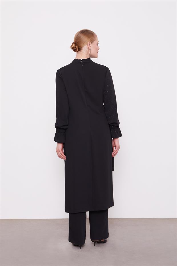 Siyah Yandan Bağlamalı Taş Detaylı İkili Takım