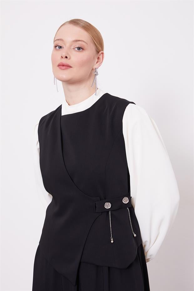 Siyah Yelekli Taş Detaylı Etek Takım