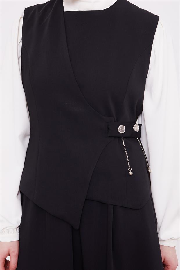 Siyah Yelekli Taş Detaylı Etek Takım