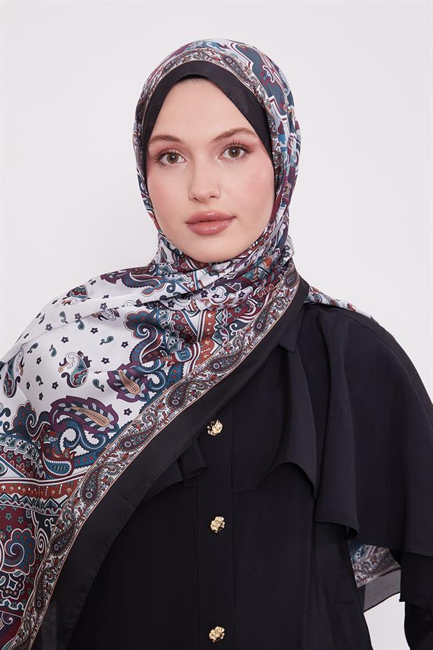 Siyah - Yeşil Karışık Desenal Hint İpeği Şal