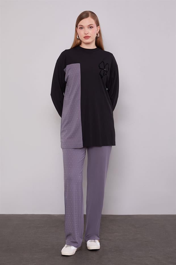 Siyah Yonca Desen Detaylı İkili Takım