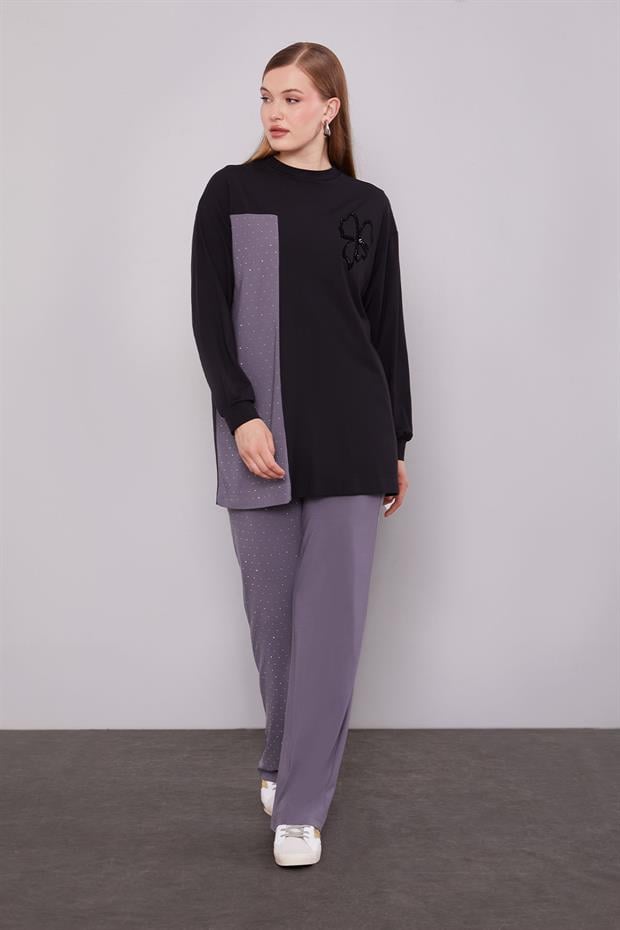 Siyah Yonca Desen Detaylı İkili Takım